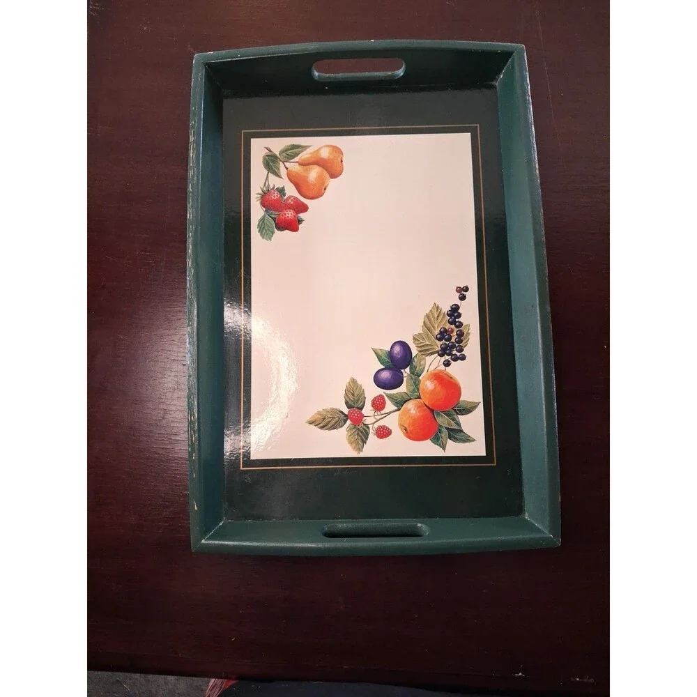 Wooden Serving Display Tray Green With Fruit Motif